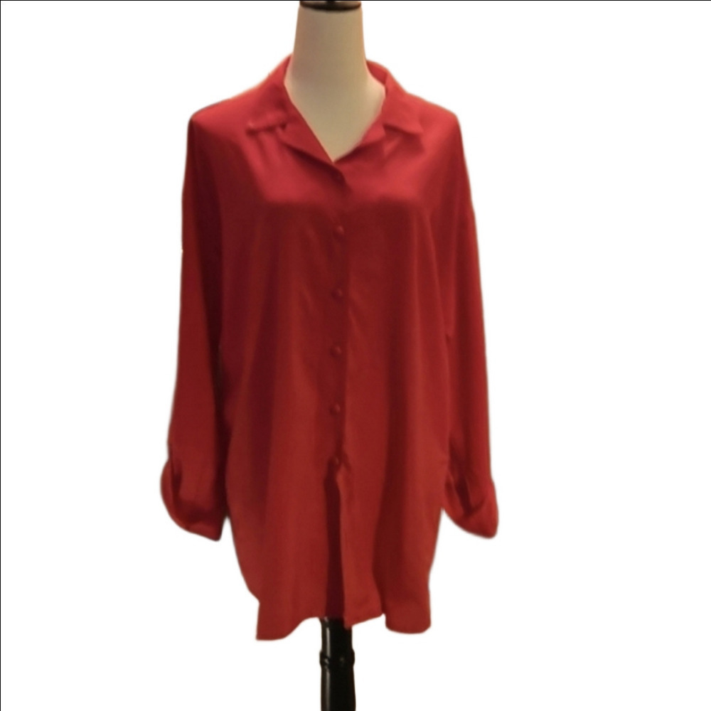 g.w. Division Of Graff Dark Pink Long Roll Sleeve Button Down Top Women Size 2X